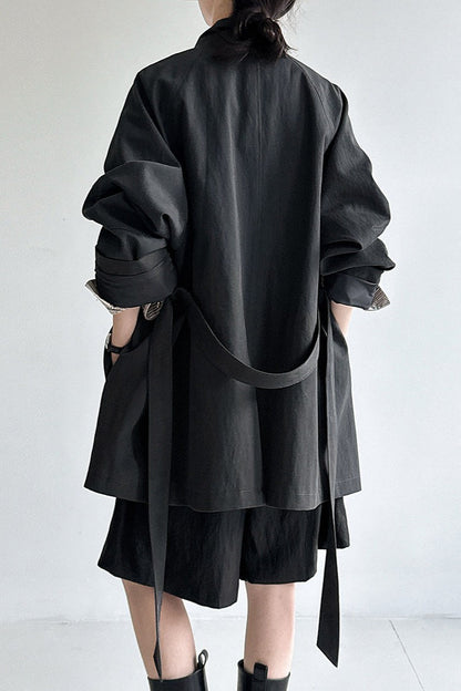 British-Style Stand-Collar Belted Mid-Length Trench Coat