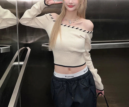 Slim Fit Korean Off-Shoulder Knitted Boat Neck Knit Top