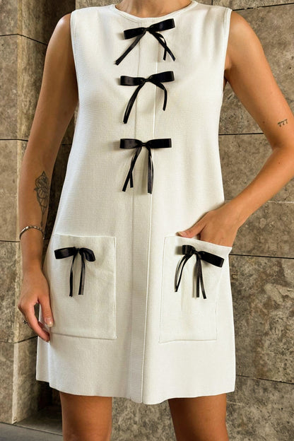 Round Neck Bow Knit Mini Dress