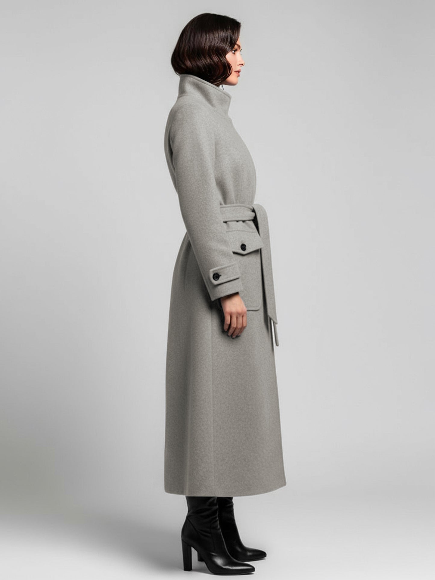 Belted Woolen Stand-Collar Long Winter Coat With Functional Pockets For Women 2026