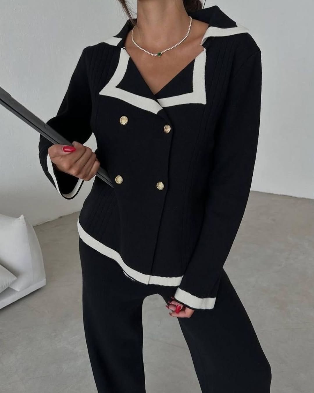 Black - Knitted Lapel Cardigan Two Piece Set