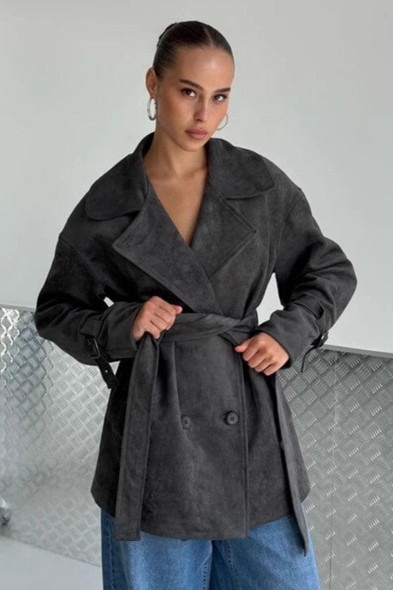 Vintage Suede Lapel Tie Waist Jacket Coat