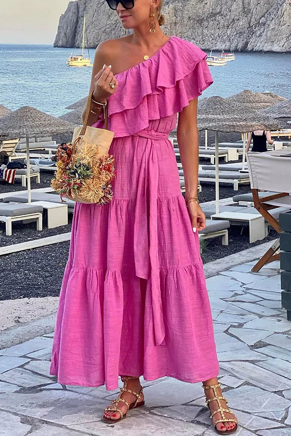 Cotton Blend Ruffle One Shoulder Belt Maxi Dress