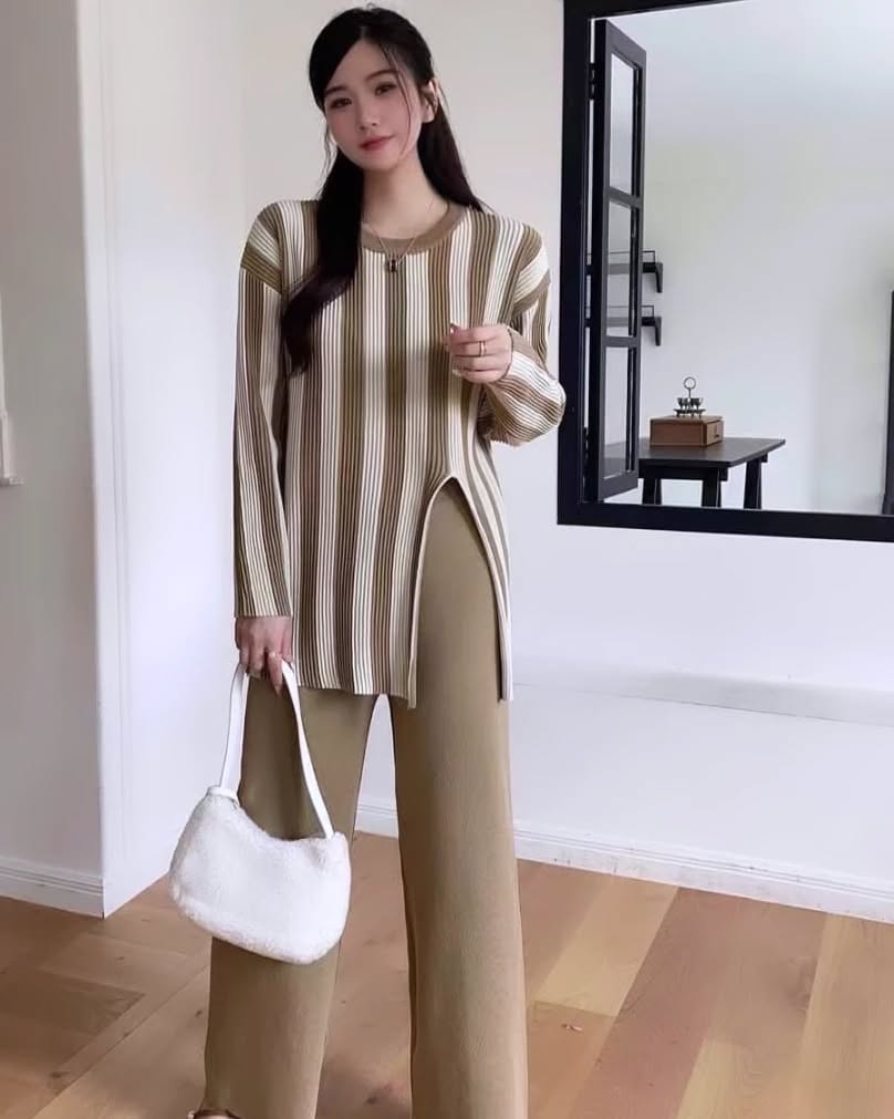 Camel - Fashion Striped Split Hem Two Piece Set