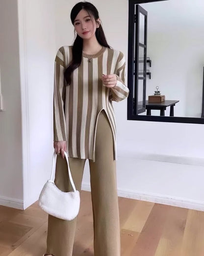 Camel - Fashion Striped Split Hem Two Piece Set