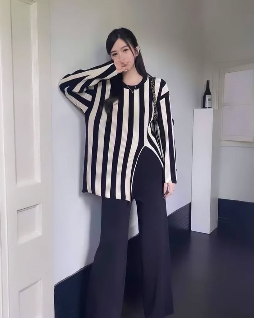 Black - Fashion Striped Split Hem Two Piece Set