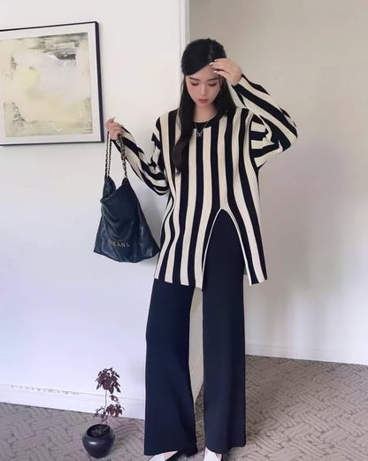 Black - Fashion Striped Split Hem Two Piece Set