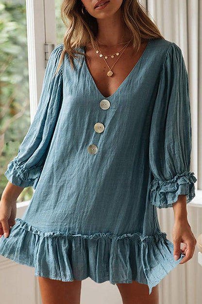 Loose Long Sleeve Ruffle Hem Cotton Linen Dress