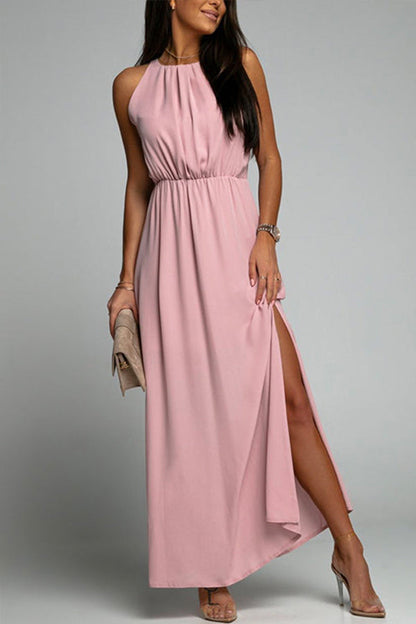 Crewneck Sleeveless Waisted Side Split Dress