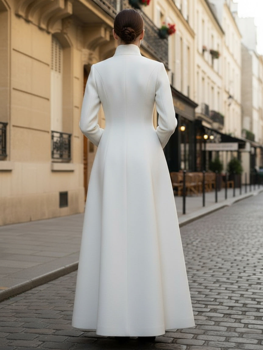 White Woolen Full-Length Coat With Stand Collar And A-Line Silhouette For Women 2026
