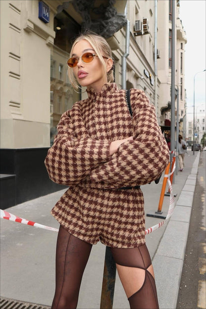 Vintage Houndstooth Zip Jacket and Shorts Two Piece Set