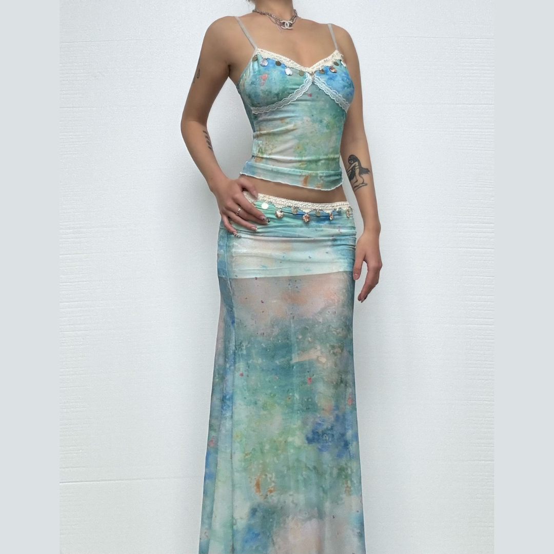 Ruched print glitter contrast maxi skirt