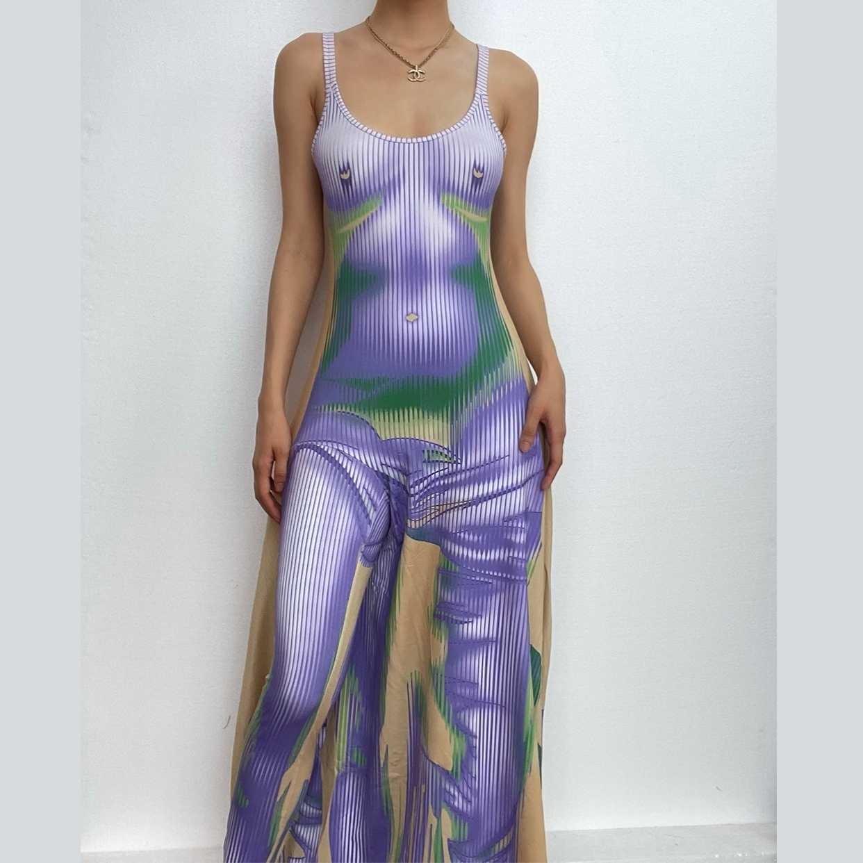 Body pattern u neck ruffle backless contrast cami maxi dress-final-sale