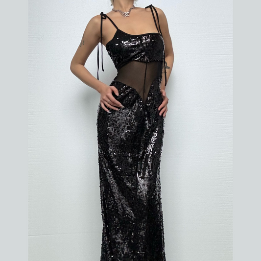U neck glitter mesh cami maxi dress