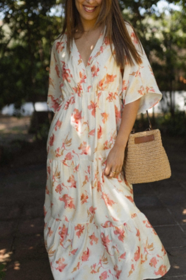 Fashion V-neck Loose Printed Long Dress