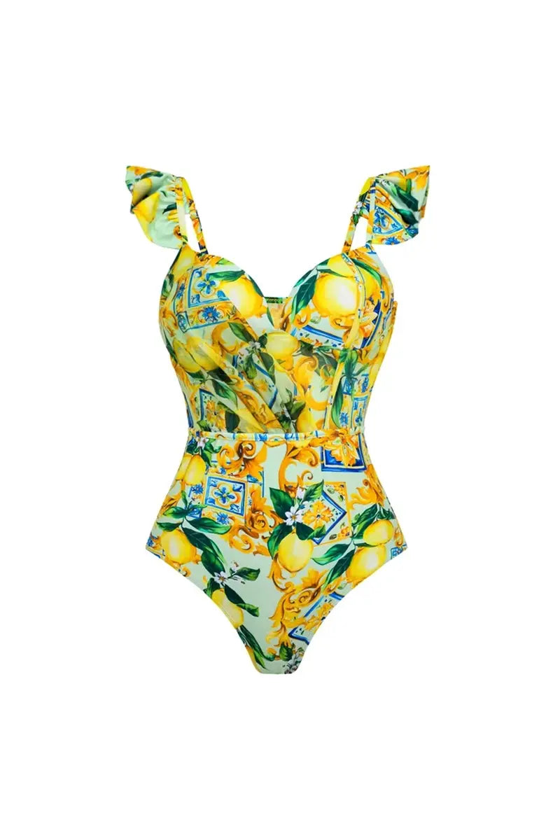 Mesh Lemon Print Swimsuit Set