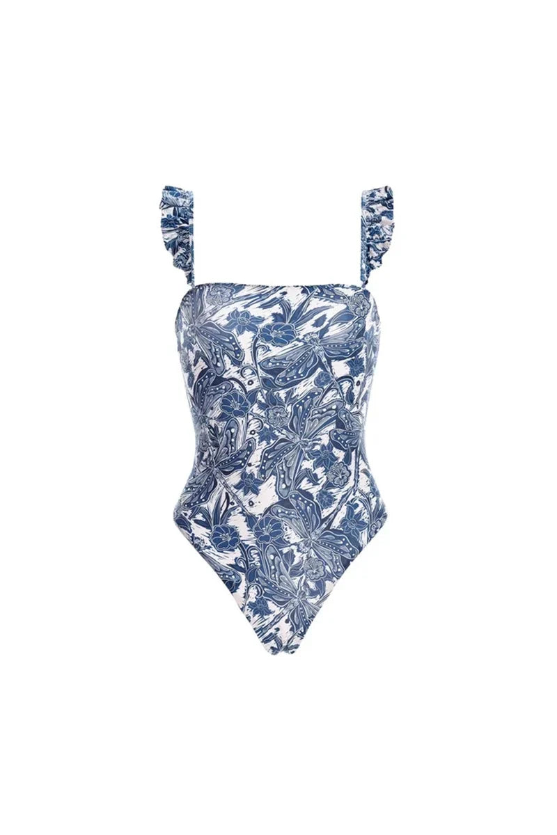 Blue Dragonfly Ruffle Skirt Swimsuit Set