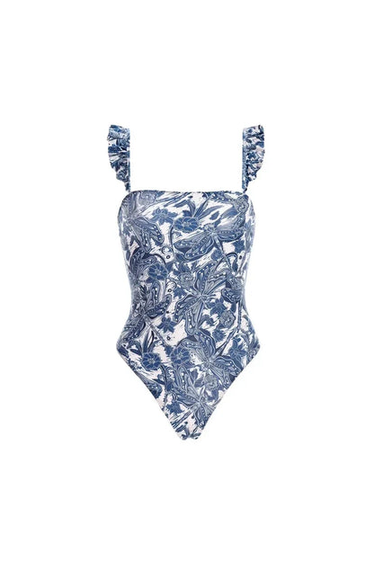 Blue Dragonfly Ruffle Skirt Swimsuit Set