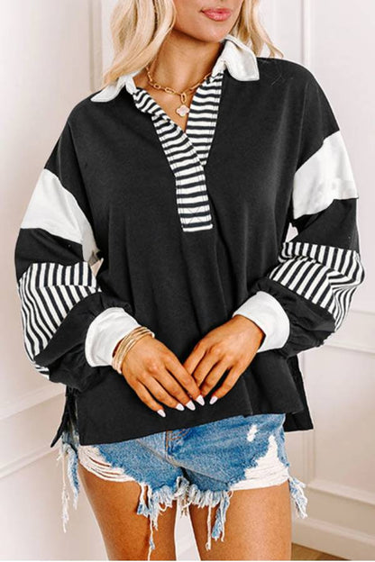 Light French Beige Striped Patchwork Collar Sweatshirt