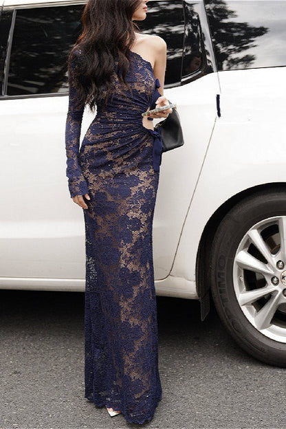 Sexy Lace One-Shoulder Bow Maxi Dress