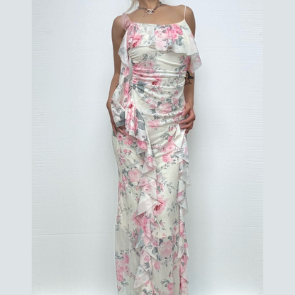 Flower print mesh ruffle cami maxi dress