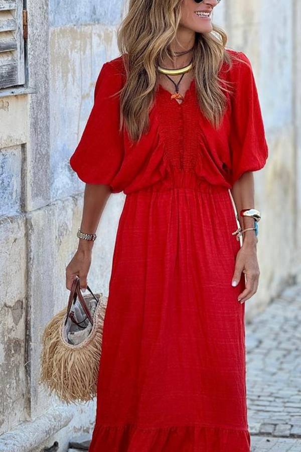 V-neck Ruffled Loose Maxi Dress