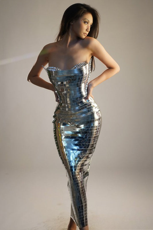 One Shoulder Metallic Gown Prom Dress