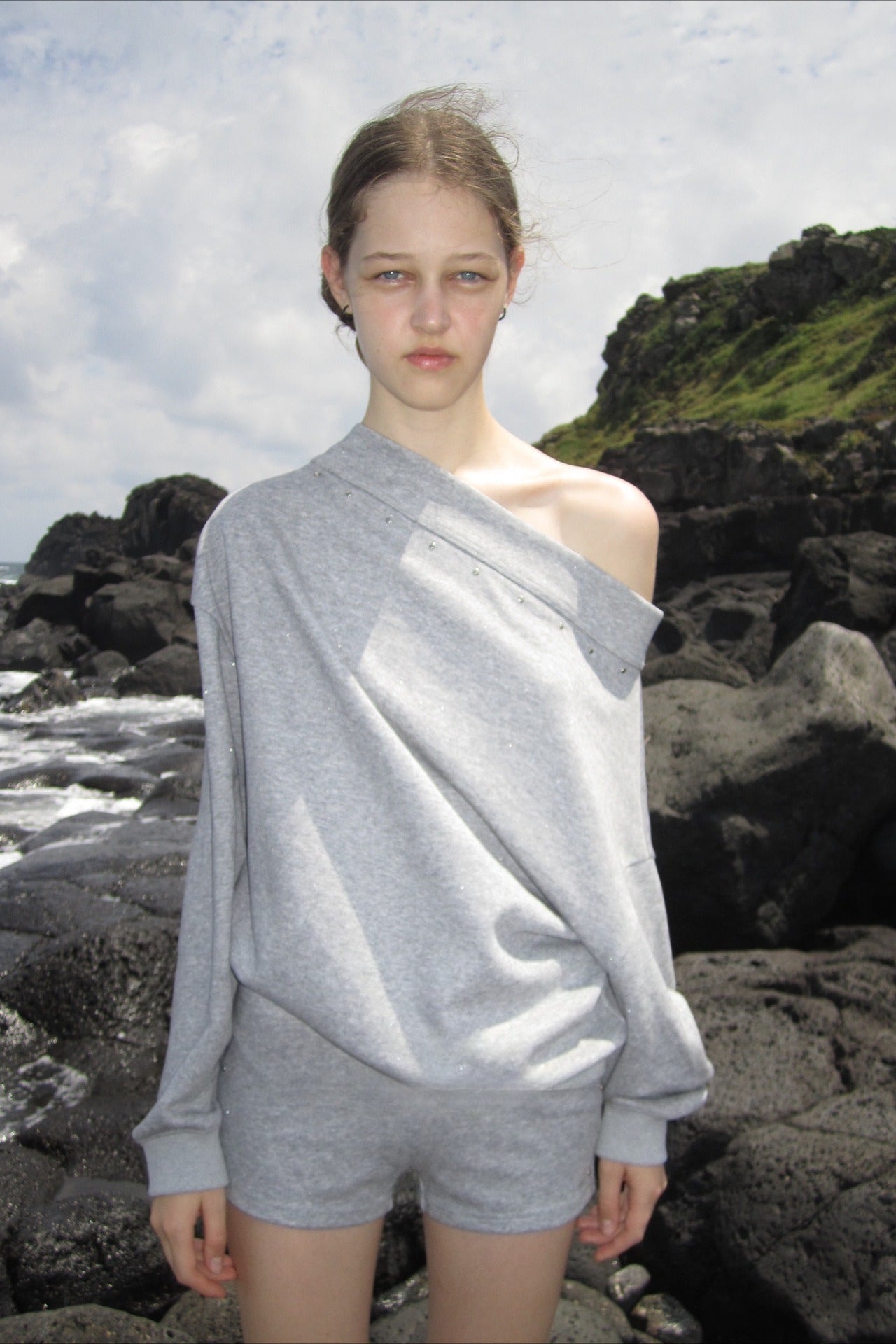 Studded Off Shoulder Long Sleeve Sweatshirt