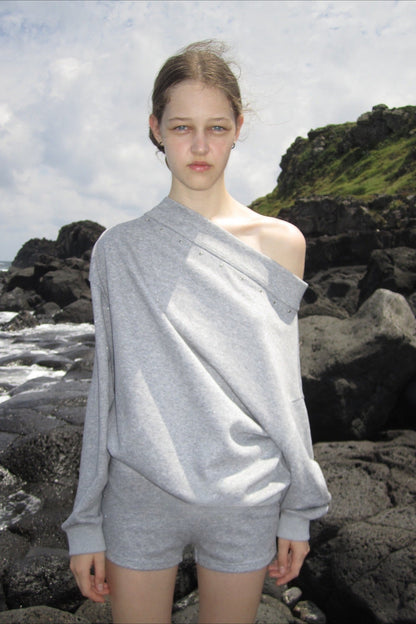 Studded Off Shoulder Long Sleeve Sweatshirt