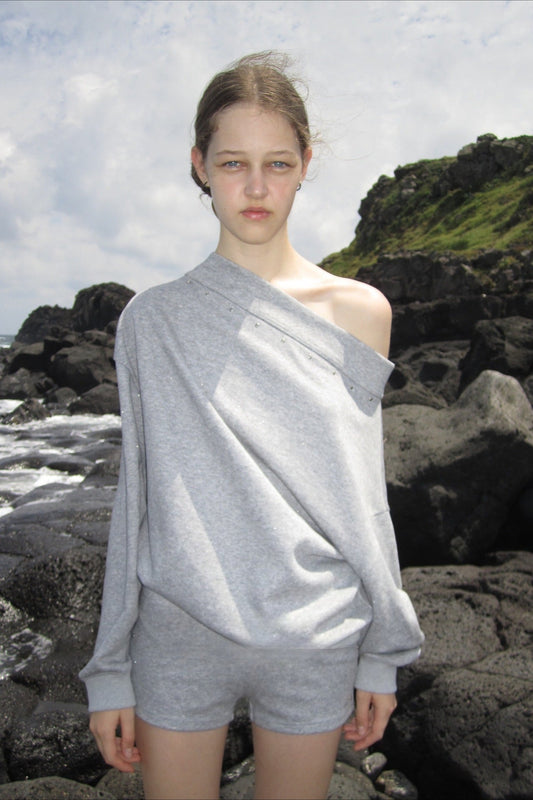 Studded Off Shoulder Long Sleeve Sweatshirt