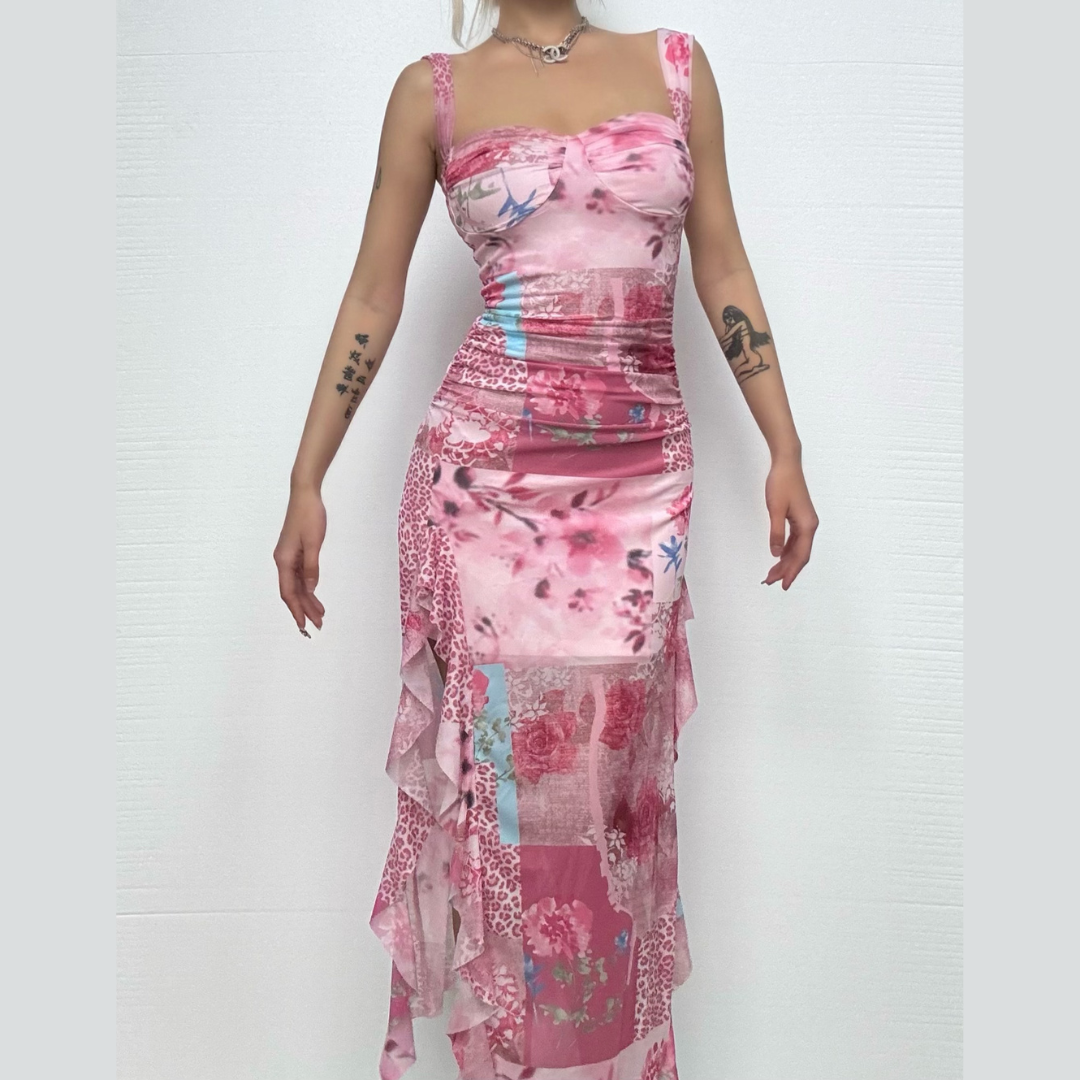 Slit print ruffle v neck tank maxi dress