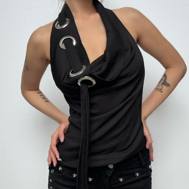 Halter backless hollow out ribbed cowl neck solid cut out top