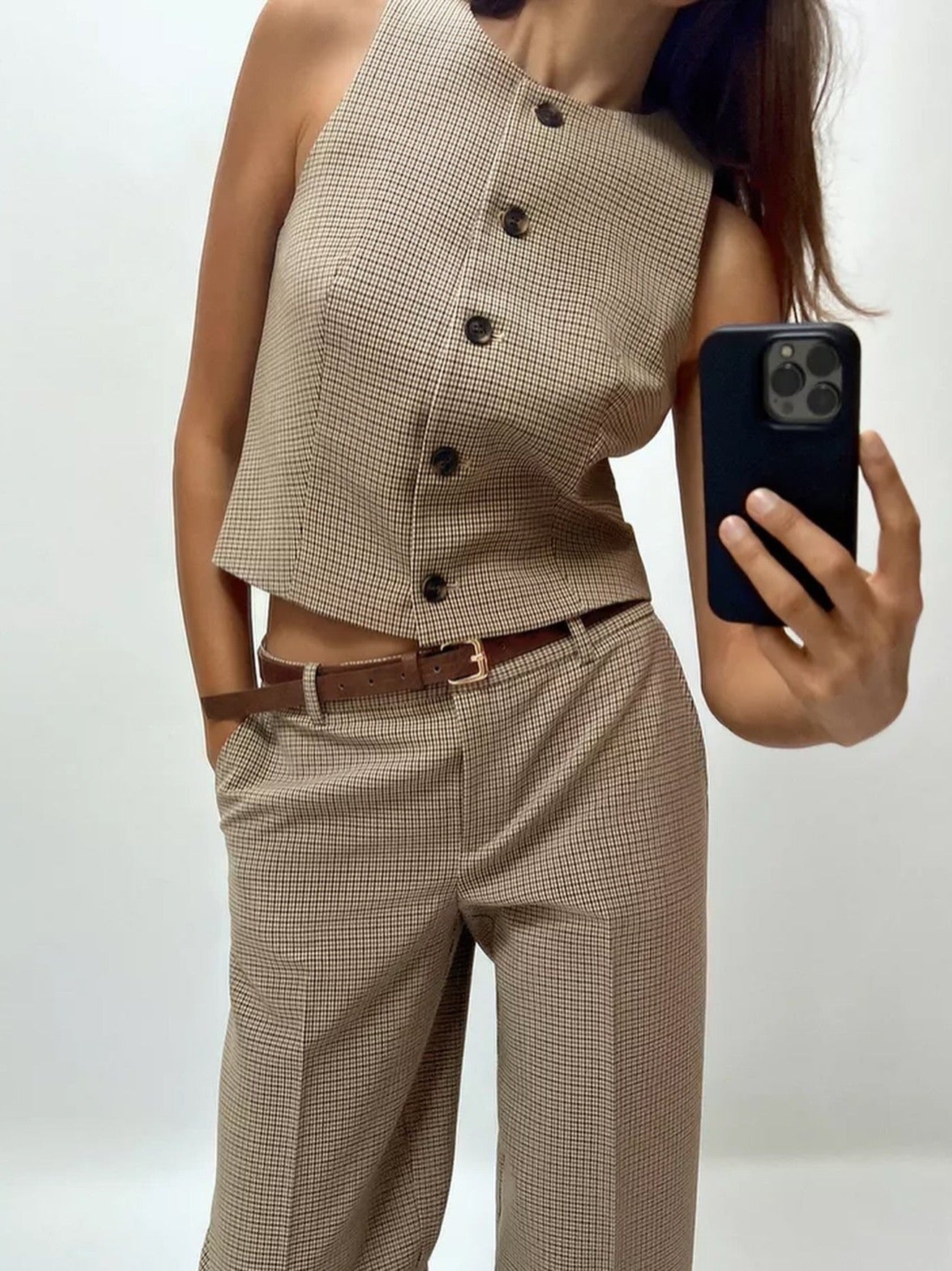 Gingham Print Vest Coat & Pant With Belt Coord Set