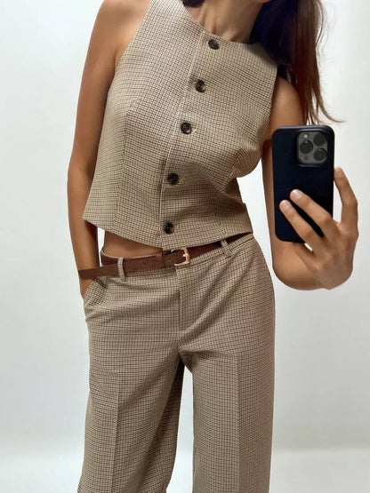 Gingham Print Vest Coat & Pant With Belt Coord Set