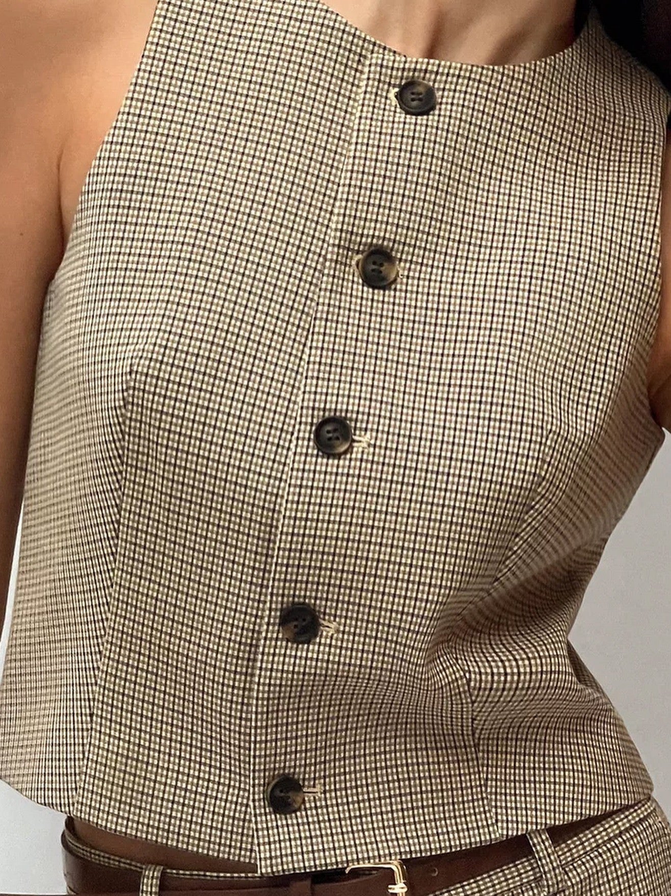 Gingham Print Vest Coat & Pant With Belt Coord Set