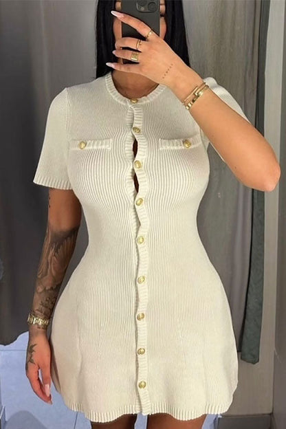 Short Sleeves Button Down Mini Knit Dress