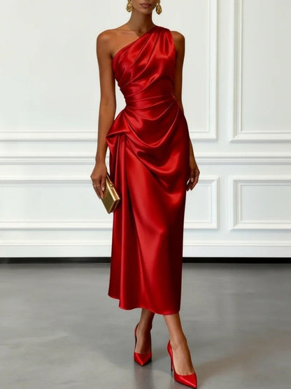 Satin Pleated One Shoulder Grace Formal Dress Maxi Dresses