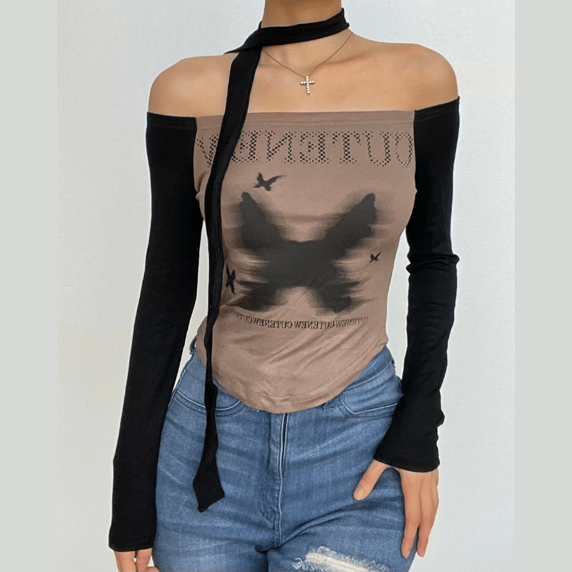 Butterfly pattern contrast off shoulder long sleeve top-final-sale