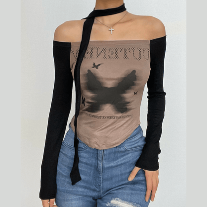 Butterfly pattern contrast off shoulder long sleeve top-final-sale