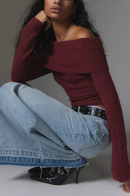Off Shoulder Long Sleeves Slim Fit Sweater