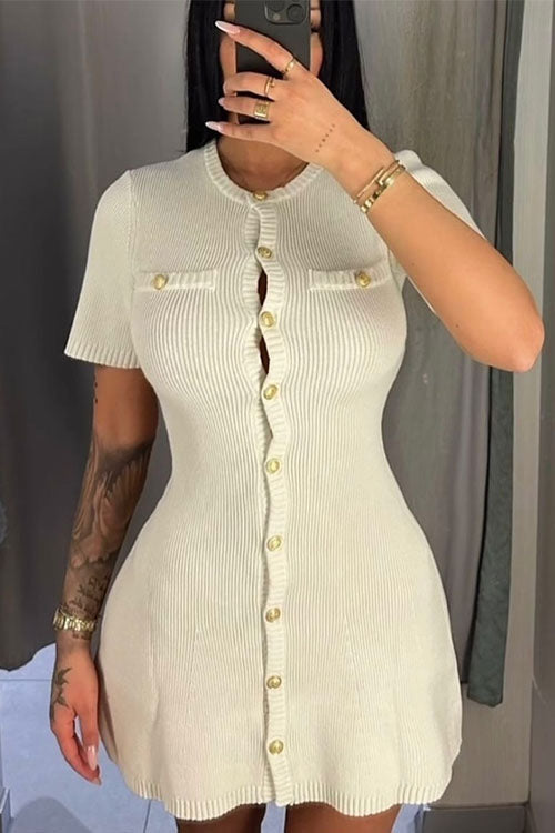 Meridress Short Sleeves Button Down Mini Knit Dress
