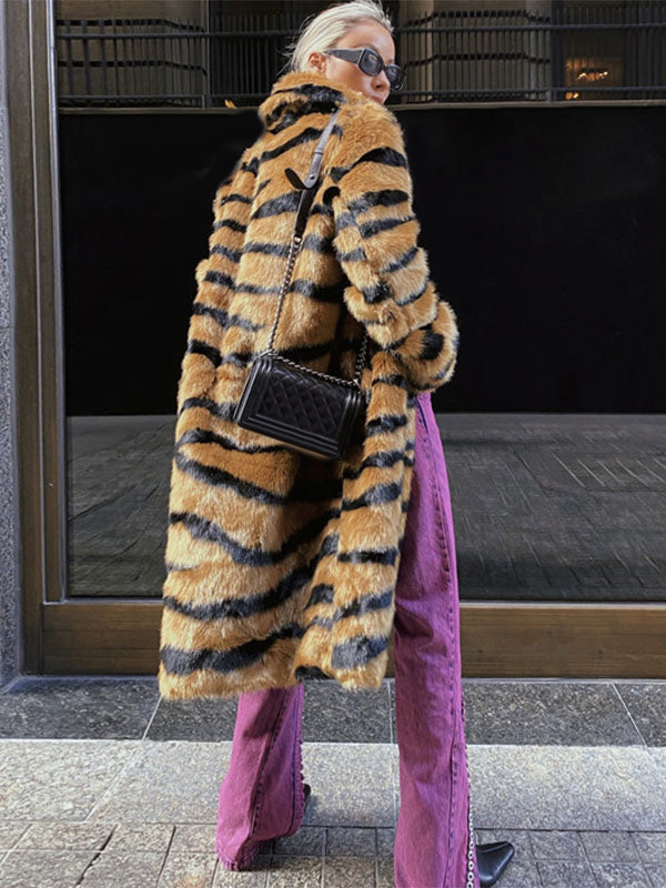 Faux Fur Coat Tiger Print Winter Midi Eco-friendly Fur Coat For Women 2026