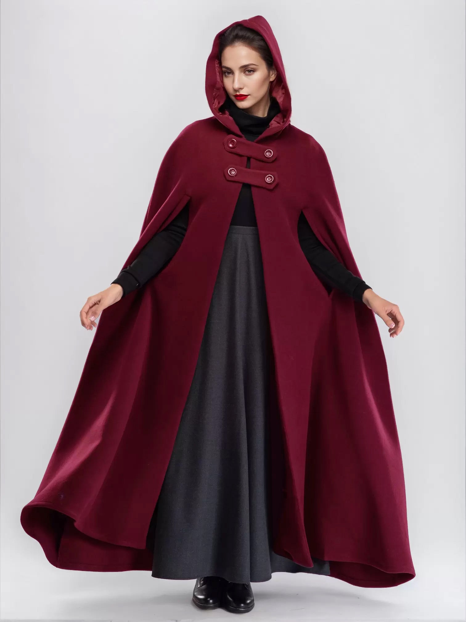 Wool Blend Maxi Cape Coat With Hooded Burgundy Full Length Poncho Oversized Outerwear For Women 2026