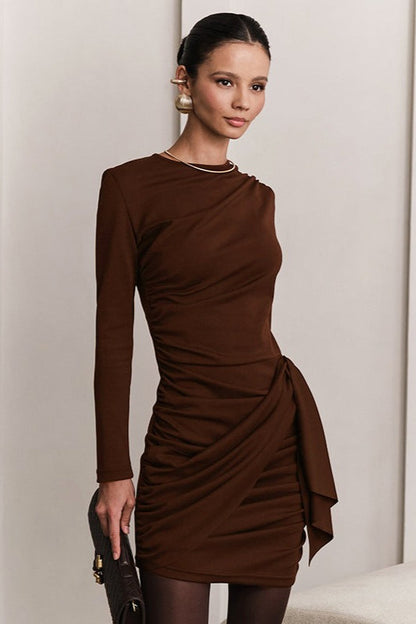 Crew Neck Long Sleeve Side Ruched Draped Wrap Mini Dress