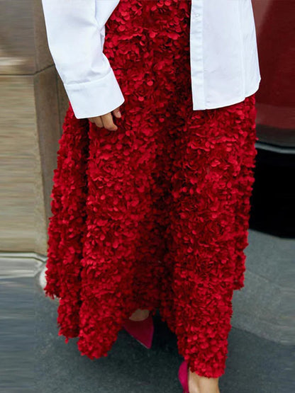 Elegant 3D Flower Solid A-Line Elastic High Waist Skirt