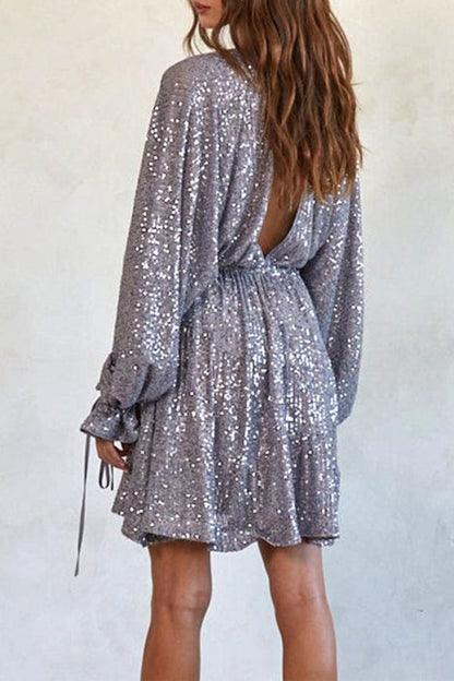 V Neck Balloon Sleeves Backless Drawstring Sequin Dress