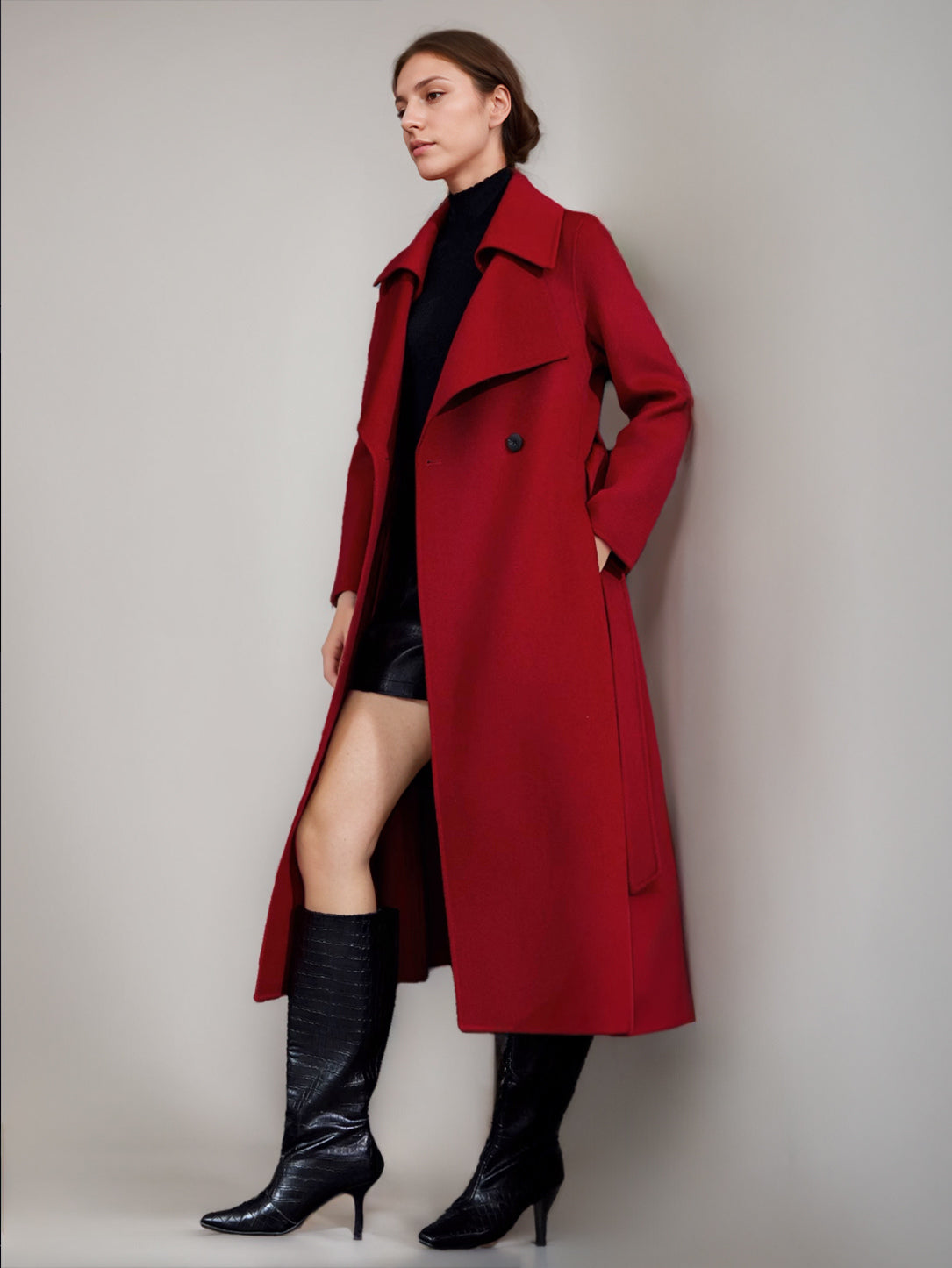 Red Wool Cashmere Blend Coat For Woman Burgundy Double-breasted Double-Faced Winter Outerwear 2026