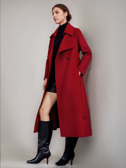 Red Wool Cashmere Blend Coat For Woman Burgundy Double-breasted Double-Faced Winter Outerwear 2026