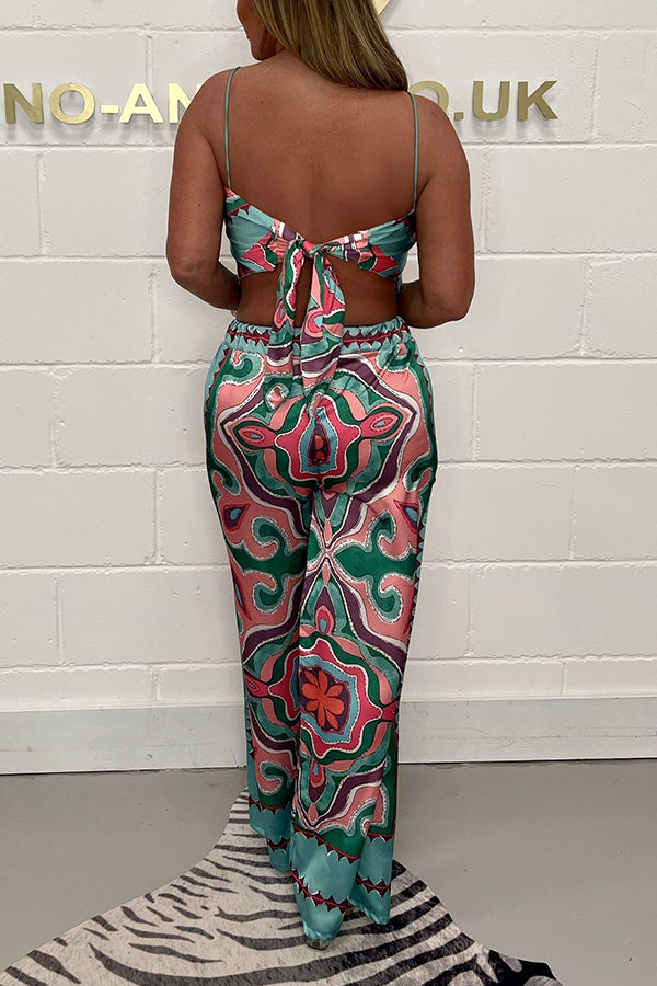 Fashion print suspenders open back tie top + straight pants set