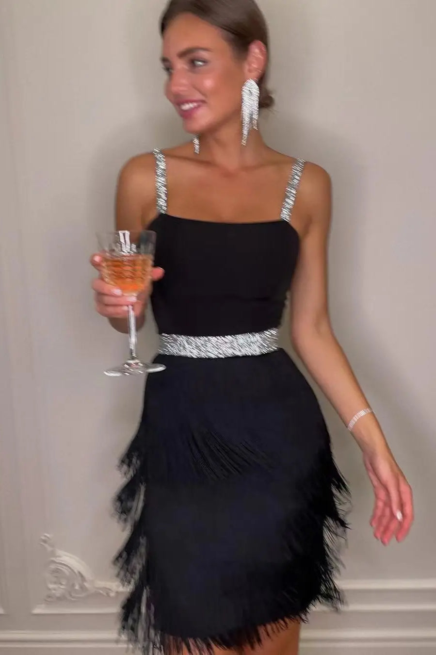 Sequin Strap Square Neck Tiered Fringe Cocktail Mini Dress